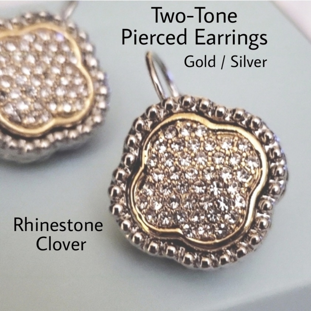 Clover Rhinestone Earrings Two-Tone Cable Silver Rhodium Gold Plated